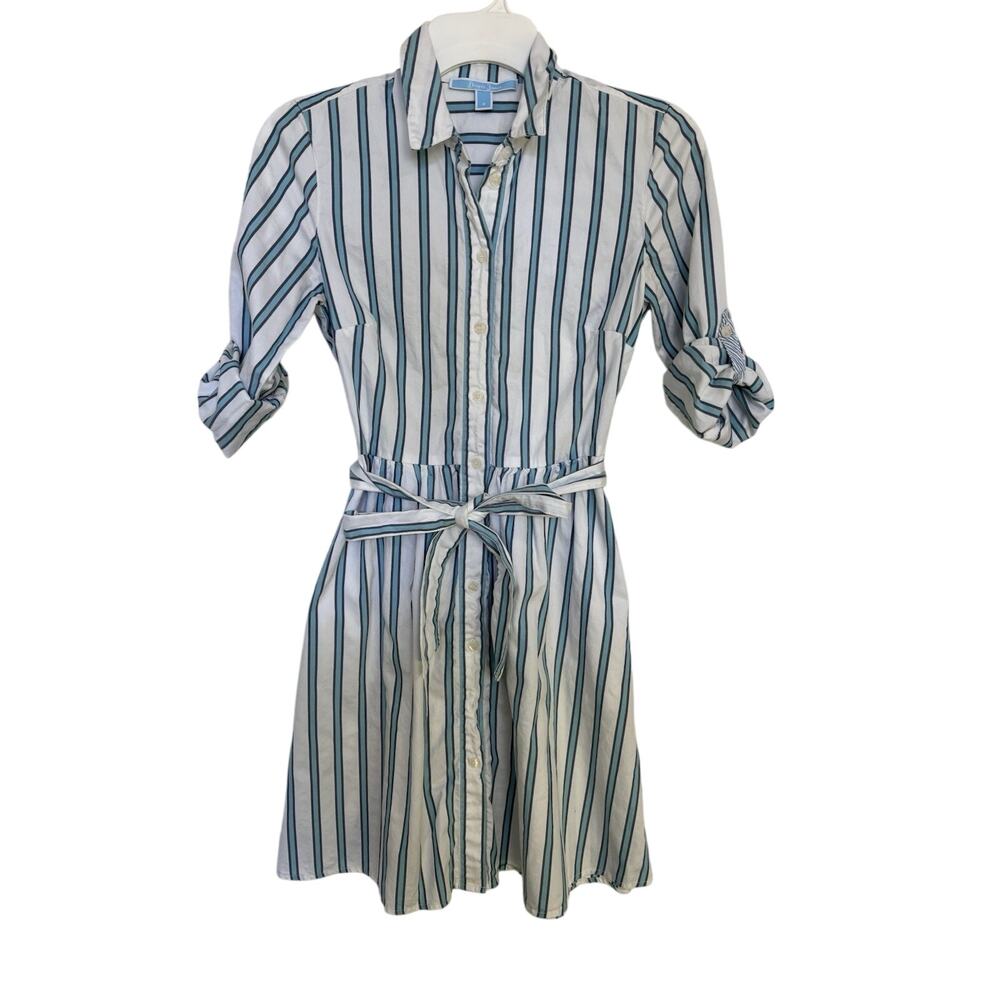 Draper James Blue White Striped Belted Shirt Dress Roll Tab Size 2 Preppy